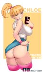  big_breasts big_butt blonde_hair bottomwear breasts butt cellphone clothed clothing clothing_lift elf female hair hi_res holding_cellphone holding_object holding_phone humanoid legwear looking_at_viewer looking_back looking_back_at_viewer no_underwear northger not_furry phone skirt skirt_lift solo thigh_highs 