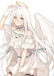  1010_neg 1girl absurdres angel_wings dress gloves hair_between_eyes halo highres long_hair looking_at_viewer original parted_lips simple_background solo thigh_strap very_long_hair white_background white_dress white_gloves white_hair wings yellow_eyes 