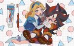  1boy 1girl 6v6_1212 blonde_hair blue_eyes blue_hairband cup finger_in_another&#039;s_mouth furry furry_male gloves hairband holding holding_cup maria_robotnik one_eye_closed open_mouth shadow_the_hedgehog sonic_(series) sparkle tail toothbrush toothpaste white_gloves 
