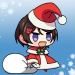  1girl :d alternate_costume blush_stickers chibi christmas decepticon gridman_universe hair_ornament hat maximilian-destroyer meme namiko open_mouth padoru_(meme) sack santa_costume santa_hat short_hair smile snowflakes solo ssss.gridman transformers transformers_shattered_glass 