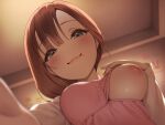  1girl black_eyes blurry blurry_foreground blush breasts brown_hair depth_of_field hand_on_own_chest indoors long_sleeves looking_at_viewer medium_breasts mole mole_under_mouth naughty_face nipples no_bra one_breast_out original outstretched_arm pokachu smile solo 