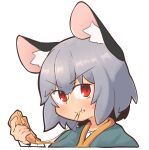  1girl :t animal_ear_fluff animal_ears blush capelet cheese cheese_trail closed_mouth commentary_request eating food green_capelet greenpiecerice grey_hair hair_between_eyes highres holding holding_food long_bangs looking_at_viewer mouse_ears mouse_girl naan_bread nazrin portrait red_eyes shirt short_hair simple_background smile solo touhou v-shaped_eyebrows white_background white_shirt 