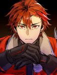  1boy black_gloves closed_mouth diamant_(fire_emblem) fire_emblem fire_emblem_engage furrowed_brow gloves hair_between_eyes looking_at_viewer male_focus portrait red_eyes red_hair short_hair solo t_misaomaru 
