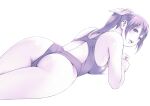  1girl ass breasts commentary_request competition_swimsuit hair_ribbon highres long_hair looking_at_viewer lying macosee medium_breasts monochrome on_stomach one-piece_swimsuit open_mouth original ponytail purple_theme ribbon solo swimsuit teeth upper_teeth_only 