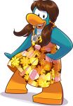  avian bird brown_hair clothing club_penguin dress female floral_dress full-length_portrait hair hand_on_hip jewelry long_hair looking_at_viewer mckenzie_(club_penguin) necklace official_art open_mouth orange_clothing orange_dress penguin pigtails portrait solo unknown_artist upper_teeth_only 