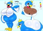  anthro avian beak big_breasts big_butt bird blue_body blush bow_tie breasts brown_body butt clothing costume crown digital_media_(artwork) english_text eyelashes female flippers headgear kaizocns looking_back model_sheet multicolored_body penguin profanity red_bow_tie sally_(kaizocns) solo text thick_thighs two_tone_body white_body zipper 