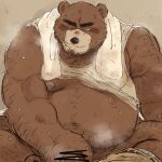  2023 anthro barely_visible_genitalia barely_visible_penis bear belly big_belly black_nose brown_body brown_fur censored clothed clothing fur genitals hi_res kemono male mammal masturbation moobs mtmnkmn125 musk nipples overweight overweight_male penis raised_clothing raised_shirt raised_topwear shirt sitting solo topwear towel 