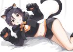  1girl :d animal_ear_fluff animal_ears animal_hands antenna_hair bed_sheet bell black_hair black_hairband black_jacket black_shirt black_shorts blush bow bowtie brown_eyes cat_ear_hairband cat_ears cat_tail commentary crop_top cropped_jacket fake_animal_ears fake_tail feet_out_of_frame fur-trimmed_shirt fur-trimmed_shorts fur_trim gloves grin groin hair_between_eyes hairband halloween happy_halloween hood hood_down idolmaster idolmaster_(classic) jacket jingle_bell kikuchi_makoto lying midriff mogskg navel on_bed on_side orange_bow orange_bowtie orange_fur orange_shirt orange_shorts parted_lips paw_gloves paw_pose shirt short_hair short_shorts shorts smile solo tail tomboy two-tone_shirt two-tone_shorts 