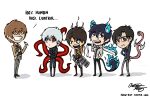  5boys absurdres albino ao_no_exorcist artist_name black_hair blue_fire book brown_hair closed_eyes crossed_arms crossover death_note english_text eren_yeager fangs fire full_body glasses highres izumi_shin&#039;ichi kagune_(tokyo_ghoul) kaneki_ken kiseijuu migi moseyart multiple_boys okumura_rin open_mouth pointy_ears red_eyes shingeki_no_kyojin short_hair signature simple_background smile teeth tokyo_ghoul web_address white_hair yagami_light 