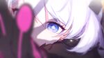  1girl absurdres black_gloves blue_eyes bright_pupils eye_focus flying_teardrops gloves highres honkai_(series) honkai_impact_3rd kiana_kaslana kiana_kaslana_(herrscher_of_the_void) looking_at_viewer shadow solo sylvia_(huajiuhuajiu) symbol-shaped_pupils tagme white_hair white_pupils 