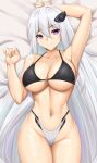  1girl absurdres arcie_albano armpits azur_lane bare_shoulders bikini black_bikini breasts collarbone commentary cowboy_shot groin hair_between_eyes highres kearsarge_(azur_lane) large_breasts long_hair long_sleeves looking_at_viewer lying navel on_back panties parted_lips purple_eyes sidelocks solo swimsuit underwear very_long_hair white_hair white_panties 