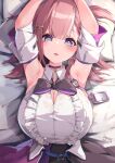  1girl absurdres armpits arms_up asta_(honkai:_star_rail) bare_shoulders black_bow blue_eyes bow breasts choker cleavage hair_ornament highres honkai:_star_rail honkai_(series) id_card large_breasts looking_at_viewer on_bed pink_hair purple_choker shirt solo ta1sh1 white_shirt 