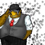  2006 anthro bear black_bottomwear black_clothing black_fedora black_nose black_pants bottomwear brown_body brown_ears brown_eyes brown_fur clothing fedora fur gesture grey_clothing grey_hair grey_topwear grey_vest hair hat headgear headwear male mammal necktie pants pattern_background red_necktie round_ears salute shirt short_hair simple_background smile smiling_at_viewer snout solo star-shaped_background teddybearlumpkins topwear vest white_clothing white_shirt white_topwear 