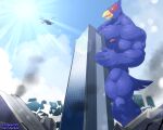  absurd_res aircraft anthro avian bird blue_body destruction falco_lombardi helicopter hi_res low-angle_view macro male muscular muscular_male nintendo nude sharkinn star_fox suggestive 