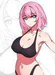  1girl bare_shoulders black_panties blue_eyes breasts cleavage closed_mouth collarbone commentary covered_nipples elf elysia_(honkai_impact) hair_between_eyes highres honkai_(series) honkai_impact_3rd kili_kilio large_breasts navel panties pink_hair pointy_ears short_hair simple_background solo underwear white_background zoom_layer 