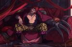  1boy artist_name black_nails commentary eustass_kid fangs goggles goggles_on_head looking_at_viewer male_focus mechanical_arms nail_polish one_piece open_mouth red_hair scar scar_on_chest short_hair sid_(skxviii) single_mechanical_arm sitting smile solo 
