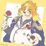  anthro blonde_hair blue_eyes canid canine canis cape clothing corsage domestic_dog floppy_ears flower hair hi_res hisaki_(live_a_hero) lifewonders live_a_hero male mammal offering_hand one_eye_closed ottyo_kope pawpads plant rose_(flower) solo wink 