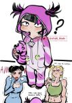  ? ayaki_d black_hair blonde_hair cammy_white chun-li cosplay double_bun english_text hair_bun han_juri heavy_breathing highres hood hoodie kigurumi midriff motion_lines multicolored_hair navel short_twintails standing street_fighter street_fighter_6 stuffed_animal stuffed_toy tank_top trembling twintails two-tone_hair 