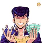  1boy ^_^ card closed_eyes diamond_wa_kudakenai dice earrings gakuran grin heart higashikata_josuke highres jewelry jojo_no_kimyou_na_bouken killerohan male_focus peace_symbol playing_card pompadour purple_hair school_uniform smile solo 