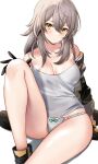  1girl bare_shoulders blush breasts cleavage collarbone foot_out_of_frame grey_hair highres honkai:_star_rail honkai_(series) knee_up large_breasts legs long_hair looking_at_viewer panties seiru_(prairie) solo stelle_(honkai:_star_rail) thighs trailblazer_(honkai:_star_rail) underwear white_background white_panties yellow_eyes 