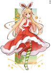  1girl absurdres alternate_costume animal_ears blonde_hair blush boots clothes_lift dress fairy fake_animal_ears fake_horns gloves hair_ornament hairclip hakamii highres horns long_hair looking_at_viewer nijisanji nijisanji_en pointy_ears pomu_rainpuff rabbit_ears red_eyes santa_dress skirt skirt_lift smile solo virtual_youtuber 