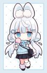  1girl :&lt; animal_ear_fluff animal_ears bag black_footwear black_skirt blue_bow blue_eyes blush_stickers bow candy chibi closed_mouth commentary_request food full_body grey_hair hair_ornament hairclip highres holding holding_candy holding_food holding_lollipop lollipop long_hair long_sleeves loose_socks low_twintails nakkar original plaid plaid_bow pleated_skirt puffy_long_sleeves puffy_sleeves shirt shoes shoulder_bag skirt sleeves_past_wrists socks solo standing standing_on_one_leg star_(symbol) star_in_eye sweater_vest swirl_lollipop symbol_in_eye twintails twitter_username very_long_hair watermark white_shirt white_socks 