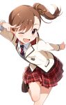  absurdres arm_up blush bow brown_eyes brown_hair buchi_(y0u0ri_) cowboy_shot emblem futami_mami hair_bow hair_ribbon highres idolmaster idolmaster_(classic) idolmaster_million_live! idolmaster_million_live!_theater_days jacket loafers long_hair long_sleeves looking_at_viewer necktie one_eye_closed open_mouth outstretched_arm plaid plaid_skirt pleated_skirt red_necktie red_skirt ribbon school_uniform shirt shoes side_ponytail simple_background skirt smile standing standing_on_one_leg striped_necktie w white_background white_jacket white_shirt yellow_ribbon 