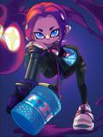  +_+ 1girl black_jacket black_pants blue_eyes commentary_request earrings gradient_background heavy_splatling_(splatoon) highres jacket jewelry kraken_(splatoon) leaning_forward nastar_r0 octoling octoling_girl pants purple_background shoes solo splatoon_(series) splatoon_3 tentacle_hair white_footwear 