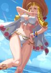  1girl bikini blonde_hair bracelet breasts cloud hand_on_own_hip hat highres jewelry kanzuki_karin looking_at_viewer ocean sky smile solo stomach street_fighter sun_hat swimsuit thighs water yagi2013 yellow_eyes 