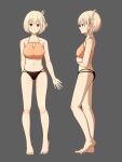  1girl absurdres barefoot bikini blonde_hair bob_cut breasts collarbone commentary crossed_arms feet full_body grey_background highres large_breasts looking_at_viewer lycoris_recoil mismatched_bikini multiple_views navel nishikigi_chisato official_alternate_costume open_hand red_eyes revision short_hair simple_background standing stomach swimsuit tbear toes white_hair 