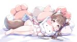  1girl ahoge amimi animal_ears barefoot brown_hair copyright_request highres holding holding_stuffed_toy long_hair long_sleeves object_hug pillow pink_skirt plaid plaid_skirt red_eyes shirt skirt solo stuffed_animal stuffed_toy tail thighs white_shirt 