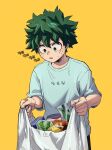  1boy bag boku_no_hero_academia freckles green_eyes green_hair groceries holding holding_bag male_focus midoriya_izuku shirt shopping_bag short_hair simple_background solo spiked_hair sweat t-shirt white_shirt yellow_background yeol2510 