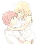  1boy 1girl 87banana ahoge artoria_pendragon_(fate) blonde_hair couple emiya_shirou fate/stay_night fate_(series) green_eyes hands_on_another&#039;s_shoulders looking_at_another nightgown red_hair saber shirt white_nightgown white_shirt 