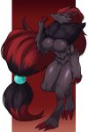  5anga absurd_res anthro biped black_body breasts chest_tuft eyelashes featureless_breasts female generation_5_pokemon green_eyes hair hi_res looking_at_viewer navel nintendo pokemon pokemon_(species) red_hair simple_background solo tuft zoroark 