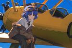  aircraft airplane black_bow black_pants blue_hair blue_sky bocchi_the_rock! bomber_jacket bow brown_gloves brown_sweater gloves goggles goggles_on_head hair_ornament highres jacket jl_tan light_smile pants pilot_suit propeller shirt sitting sky string sweater white_shirt wristband yamada_ryo yellow_eyes 