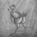  ambiguous_gender avian belly big_belly bird butt cariamiform feral greyscale half-closed_eyes hi_res looking_at_viewer monochrome narrowed_eyes sketch smile smirk solo terror_bird thatgryphonguy 