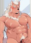  abs absurd_res anthro blush canid canine canis covering covering_self embarrassed genitals hi_res lifewonders male mammal marchosias_(tas) muscular muscular_anthro muscular_male navel pecs penis penis_base pubes scar solo tokyo_afterschool_summoners udon_oneday wolf 