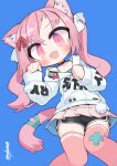  1girl :3 animal_ear_fluff animal_ears artist_name black_choker black_shorts blue_background blush cat_ears cat_girl cat_tail choker collarbone commentary dolphin_shorts drawstring fangs highres hood hoodie long_sleeves looking_at_viewer miniskirt nanatsuta open_mouth original paw_pose pink_eyes pink_hair pink_skirt pink_thighhighs pleated_skirt ribbon short_shorts shorts signature simple_background skirt sleeves_past_wrists solo tail tail_ornament tail_ribbon thighhighs twintails white_hoodie 