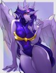  2023 breasts digital_media_(artwork) dragon eyebrows eyelashes feathered_dragon feathered_wings feathers featureless_breasts featureless_crotch hair hi_res horn membrane_(anatomy) membranous_wings purple_hair tja wings yellow_eyes 