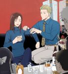  2girls 3boys belt black_hair blonde_hair blue_pants blue_shirt blue_sweater bottle bow brown_belt brown_hair cellphone closed_eyes closed_mouth collared_shirt couch cowboy_shot crossed_legs cup glasses gojou_satoru grey_pants hair_bow highres holding holding_cup holding_phone ieiri_shoko ijichi_kiyotaka iori_utahime jujutsu_kaisen long_hair long_sleeves mole mole_under_eye multiple_boys multiple_girls nanami_kento necktie open_mouth pants parfait phone seiza shirt short_hair shoulder_massage sitting smartphone smile ssss7777_7 sweatdrop sweater table turtleneck turtleneck_sweater white_bow white_hair yellow_necktie 