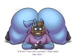  anthro beard big_butt blue_body bottom_heavy bottomless brown_hair bubble_butt butt clothed clothing cole_(colelucario) colelucario english_text facial_hair generation_4_pokemon hair huge_butt looking_at_viewer lucario lying male nintendo on_front pokemon pokemon_(species) purple_clothing purple_shirt purple_topwear shirt simple_background solo text thick_thighs topwear white_background wide_hips 