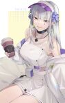 1girl absurdres bare_shoulders belt belt_pouch black_collar border character_name collar commentary_request cup dress ear_piercing girls&#039;_frontline green_eyes grey_hair hair_ribbon hand_up highres hk416_(girls&#039;_frontline) holding holding_cup jacket jewelry long_hair looking_at_viewer necklace off_shoulder open_clothes open_jacket piercing pouch purple_nails purple_ribbon ribbon sakana-ko smile solo strapless strapless_dress teardrop_facial_mark upper_body visor_cap white_belt white_border white_dress white_jacket 