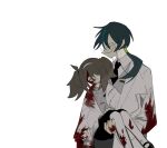 1boy 1girl black_footwear black_necktie black_skirt blood blood_on_clothes blood_on_face blood_on_hands blood_splatter blue_hair brown_hair carrying chinese_commentary closed_eyes coat coattails collared_shirt commentary_request dark_blue_hair grey_vest hairband highres lab_coat long_hair long_sleeves looking_at_another loose_hair_strand low_ponytail mary_janes miniskirt monocle multicolored_hair necktie open_clothes open_coat original pantyhose pocket ponytail_holder princess_carry round_eyewear shirt shoes skirt streaked_hair turtleneck twintails unconscious v-neck vest white_background white_coat white_hairband white_pantyhose white_shirt youshiyu 