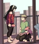  1boy 2girls anya_(spy_x_family) balcony black_hair blonde_hair bond_(spy_x_family) dog dress female_child hairband highres multiple_girls open_mouth pants pink_hair seiza sidelocks sitting spy_x_family tina_fate twilight_(spy_x_family) yoga_pants yor_briar 