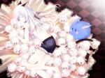  1girl animal_ears barefoot belt black_belt blacksmith_(ragnarok_online) bow breasts cat_ears cat_girl cat_tail checkered_floor closed_eyes commentary_request crop_top eclipse_(ragnarok_online) foot_out_of_frame fur-trimmed_shorts fur_trim grey_shorts hair_between_eyes long_bangs long_hair lunatic_(ragnarok_online) open_mouth rabbit ragnarok_online red_bow shirt short_shorts shorts sleeping sleeveless sleeveless_shirt small_breasts tail tail_bow tail_ornament takamura_ryou tied_shirt white_hair white_shirt 