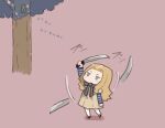  1girl blonde_hair blue_bow blue_bowtie blue_eyes bow bowtie brown_dress bug chibi cicada commentary_request dress forehead layered_sleeves long_hair long_sleeves m3gan m3gan_(character) pink_background saiguchi_otoufu short_over_long_sleeves short_sleeves standing striped_sleeves sword tree weapon 