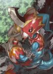  anthro armor athletic athletic_anthro athletic_male bandai_namco belt blue_body chopsticks digimon digimon_(species) eating flamedramon food hi_res male noodles ramen red_eyes scalie skink_hisshiss solo 