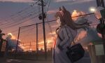  1girl angelina_(arknights) arknights bag barbed_wire black_bag cloud coat duffel_bag evening fence from_side hairband hands_in_pockets highres hood hood_down hooded_coat long_sleeves looking_ahead orange_sky outdoors power_lines profile red_eyes red_hairband scenery shoulder_bag siyu_csy sky solo sunset tree twintails utility_pole white_coat 