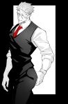  1boy achilles_(fate) black_border blending border closed_eyes closed_mouth collared_shirt cowboy_shot fate/grand_order fate_(series) haruakira highres male_focus mature_male monochrome necktie pants red_necktie shirt short_hair sleeves_past_elbows solo spot_color undercut watch wristwatch 