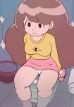  1girl bee_(bee_and_puppycat) bee_and_puppycat big_hair breasts brown_hair closed_mouth feet_out_of_frame haruyama_kazunori long_hair long_sleeves panties pink_skirt print_shirt shirt sitting skirt solo toilet underwear white_panties 